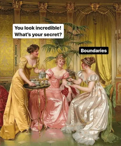 A woman complementing another, asking her secret; the ladies reply is Boundaries.
