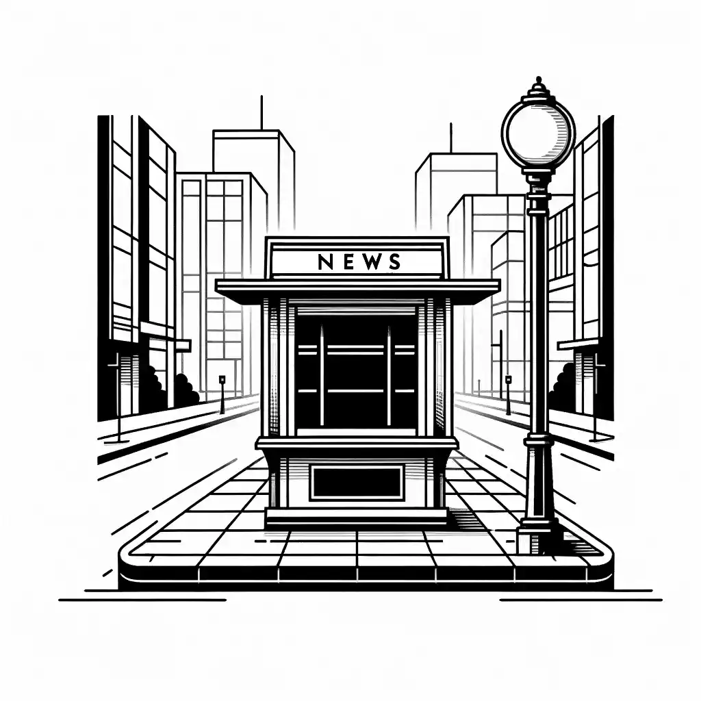 a line drawing of a news stand in a city